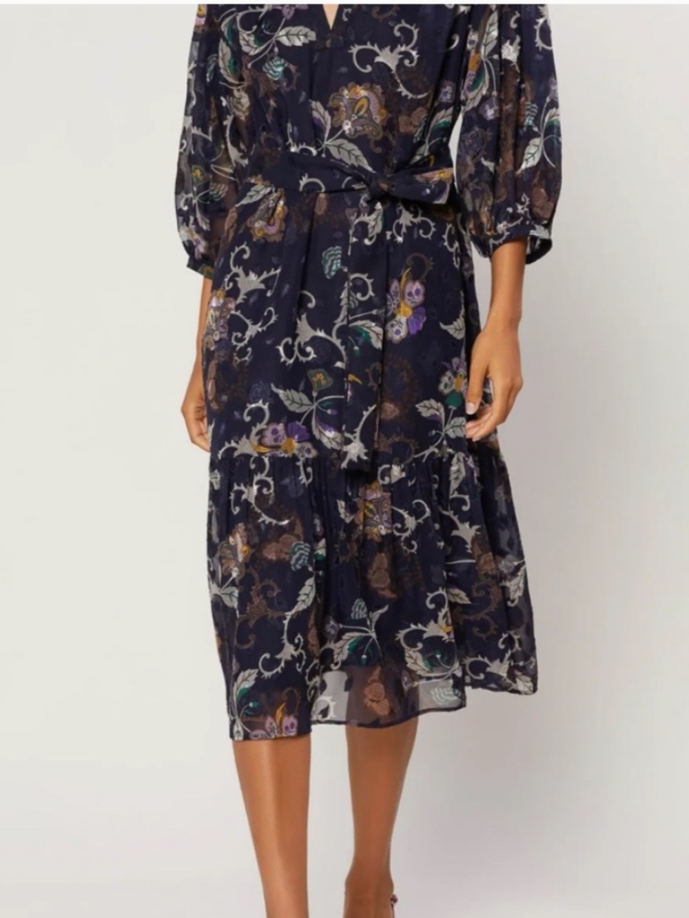 Current Air Floral Navy Midi Dress with Puff Sleeves